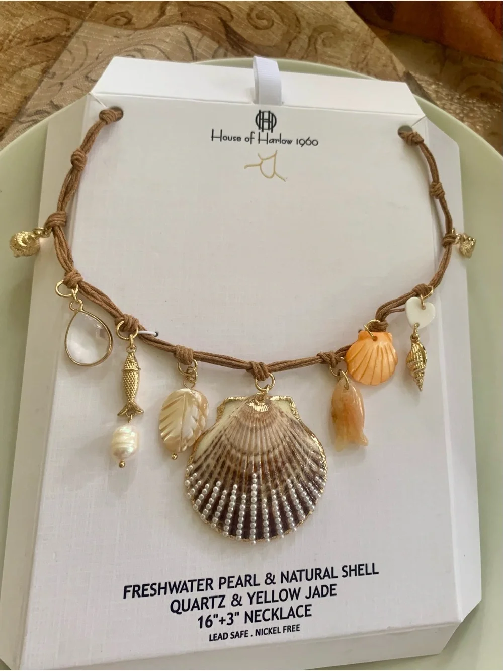 House of Harlow 1960 Brown Cord Shell & Pearl Charm Necklace with Gold Accents